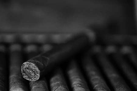 monochrome photo of large wooden box of cigars handmade Cubanの写真素材
