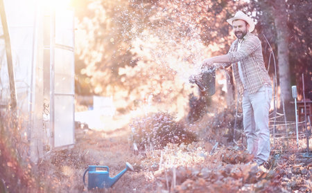 Man farmer watering a vegetable garden