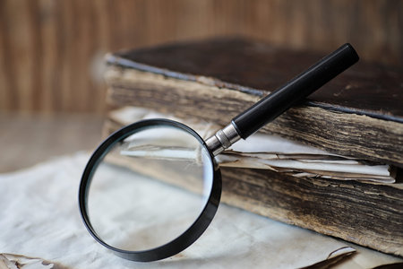Old books on a wooden table and glass magnifier