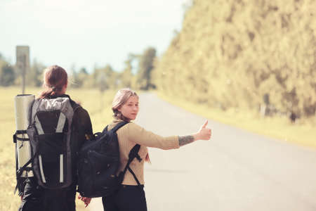 Traveling with a backpack on footの写真素材