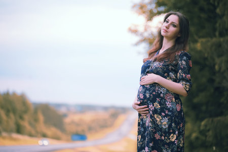 Pregnant girl in a dress in nature