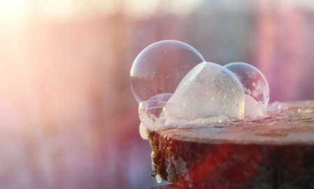 Soap bubbles freeze in the cold. Winter soapy water freezes in air.の写真素材