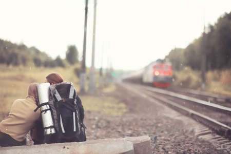 Traveling with a backpack on footの写真素材