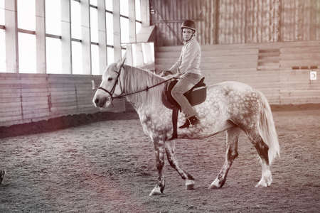 Young people on a horse training in wooden arenaの写真素材