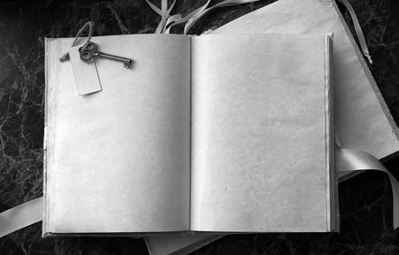 blank pages opened vintage book on the table