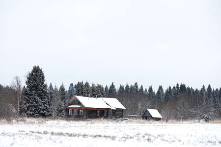 Winter landscape of country fields and roads in the snowの写真素材