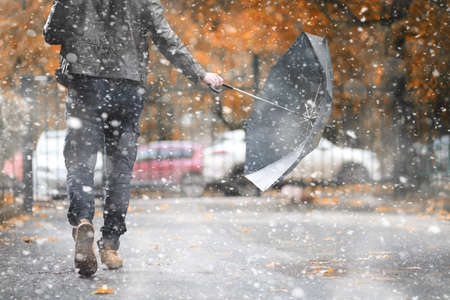 Autumn park in the days of the first snow.の写真素材