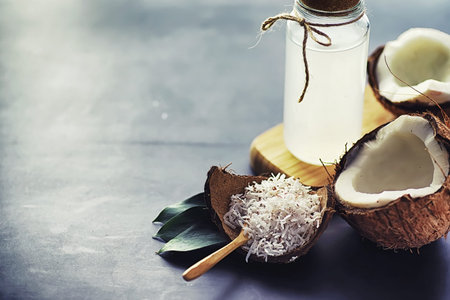 Coconut on a dark stone table. Coconut oil and spoon.
