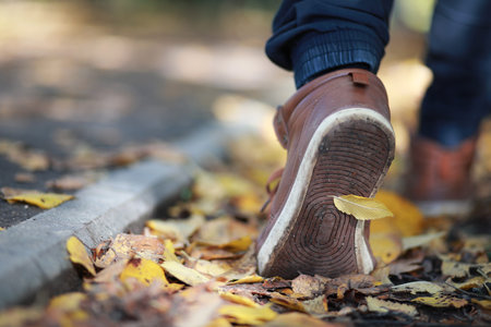 Autumn Park man walking along a path foliage