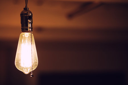 Lamps with tungsten filament. Edison light bulb. Filament filament in vintage lamps. Retro design of light bulbs.の写真素材