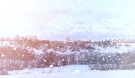 Winter landscape snow covered expanses. A park in the winter in the snow. Road on winter day.