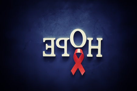 Symbol of human immunodeficiency virus disease. Red ribbon. A helping hand and support. Background.の写真素材