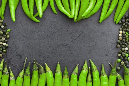 Hot green pepper. Chilean pepper on a black background.の写真素材