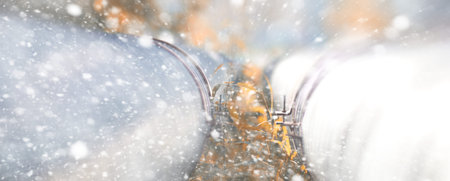 Metal pipeline in the street on a snowy day