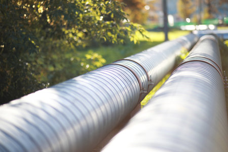 Industrial pipes on street constructionの写真素材