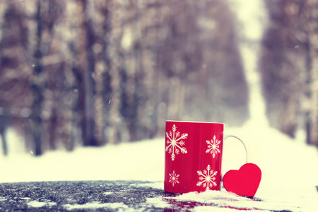 cup on winter streetの写真素材
