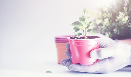 Potted plant in a transplant and care on a white backgroundの写真素材