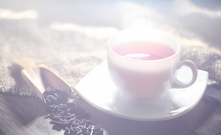 Brewed tea on a serving table with brewingの写真素材