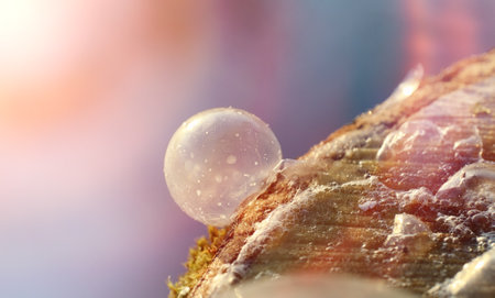 Soap bubbles freeze in the cold. Winter soapy water freezes in air.の写真素材