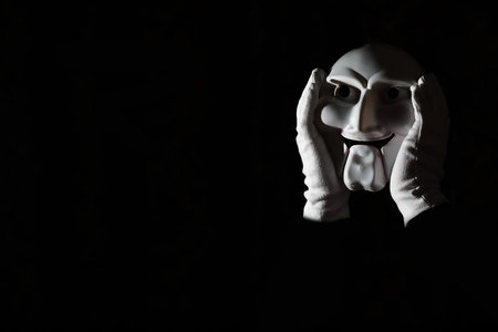 White scary mask on a black background with whites hands.の写真素材