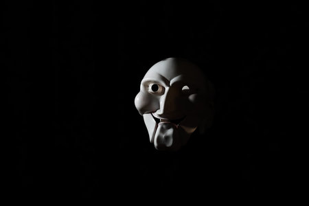 White scary mask on a black background with whites hands.の写真素材