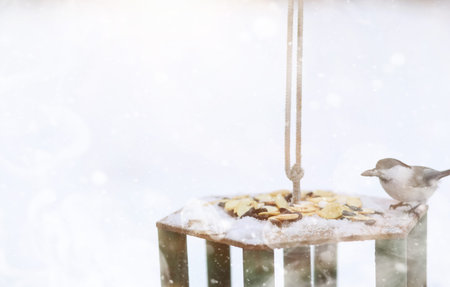 Little titmouse on the trough eats seeds. Winter bird.