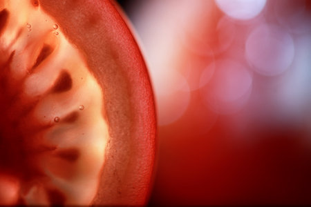 Red tomato cut in half with the texture of seeds and pulpの写真素材