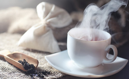 Brewed tea on a serving table with brewingの写真素材