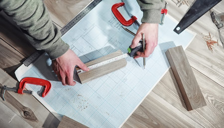 workshop with tools and electric saws in the process of manufacturing parts