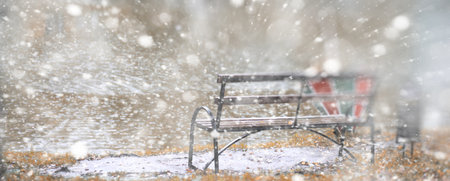 Winter park lonely bench under snowの写真素材