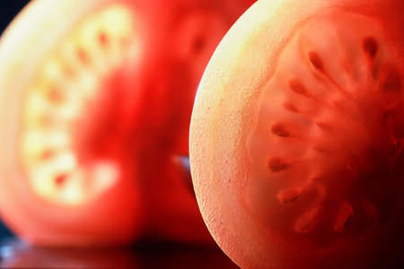 Red tomato cut in half with the texture of seeds and pulpの写真素材