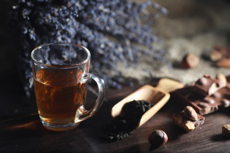 Brewed tea on a serving table with brewingの写真素材
