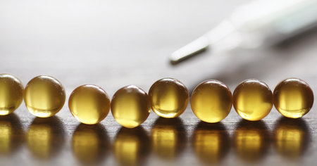 Fish fat. Medical products for the treatment of diseases. The concept of health dependence on tablets. Capsules of fish oil on wooden background.の写真素材