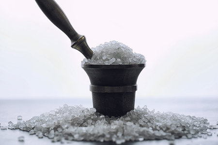 Large sea salt. Spice. Mortar and pestle for grinding salt.