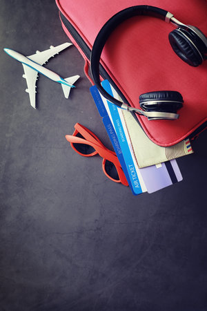 Travel concept. Travel bag with documents and tickets.の写真素材