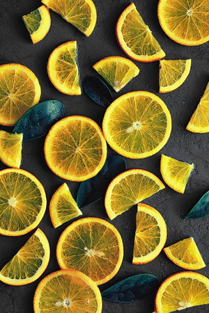 Orange citrus fruit on stone table. Orange background.の写真素材