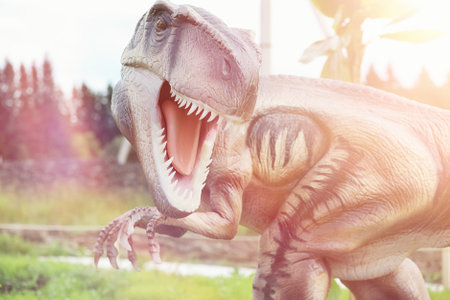 Park of dinosaurs. A dinosaur on the background of nature. Toy dinosaurs in amusement park.の写真素材
