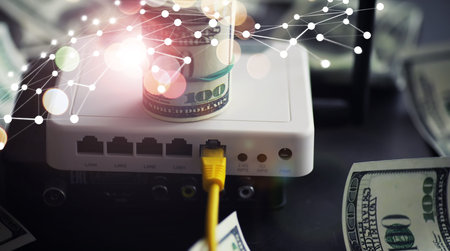 internet router and one hundred dollars. Communication internet cost concept