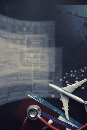 Passenger air insurance concept. Airplane, passport, boarding pass stethoscope.