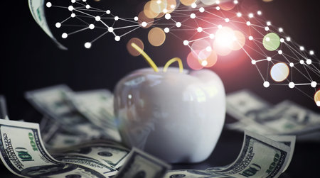 Apple on table money, dollars banknotes. Us business concept. New york big apple.