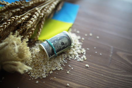 The concept of the cost of grain. 5000 ruble banknotes around a handful of ground grain. World hunger.の写真素材