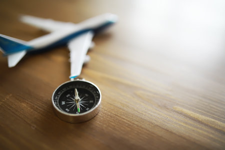 Airplane travel. Boarding pass for plane, passport and plane.の写真素材