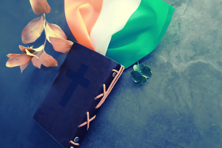 St. Patrick's day background. Religious Christian Irish celebration. Four-leaf clover symbol good luck.の写真素材