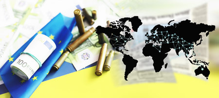 The concept of support in a military conflict. Solidarity. Politics. Flags are on the table.の写真素材