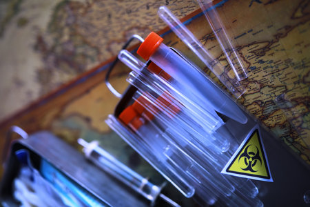 Ukrainian flag biohazard and test tubes. Assistance to Ukraine in biolaboratories. Biological laboratories in Ukraine.の写真素材