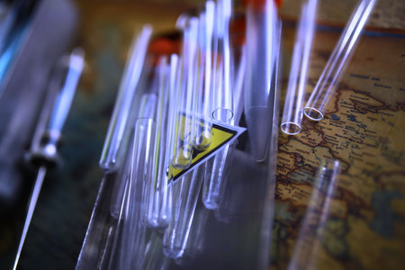 Ukrainian flag biohazard and test tubes. Assistance to Ukraine in biolaboratories. Biological laboratories in Ukraine.の写真素材