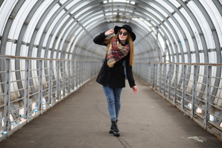 French woman on walk in the central part of the cityの写真素材