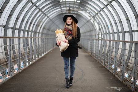 French woman on walk in the central part of the cityの写真素材