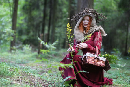 Fortune-teller conducts a ritual in the depths of the forestの写真素材