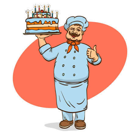 Chief cook with cake on plate. Vector illustration. Man in cooks uniform. Cartoon character.のイラスト素材